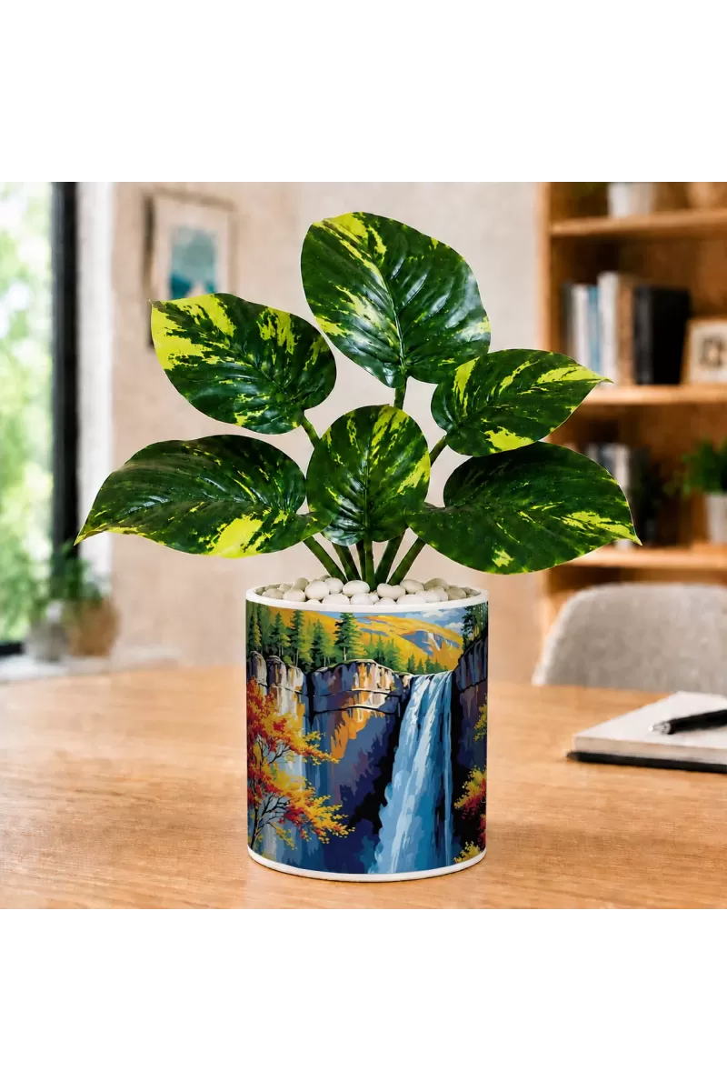 Artificial Tree Ceramic Photo Pot With White Stones 3x4 Inch (F166306)