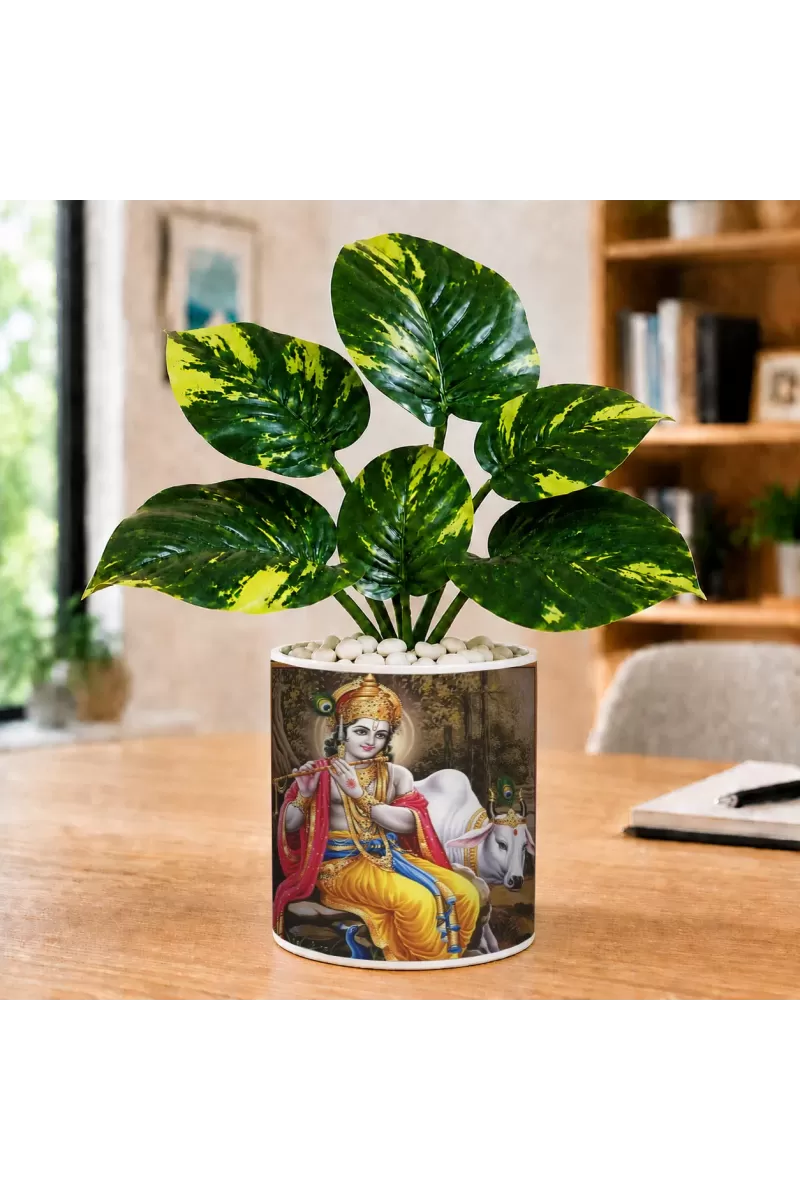 Artificial Tree Ceramic Photo Pot With White Stones 3x4 Inch (F166314)