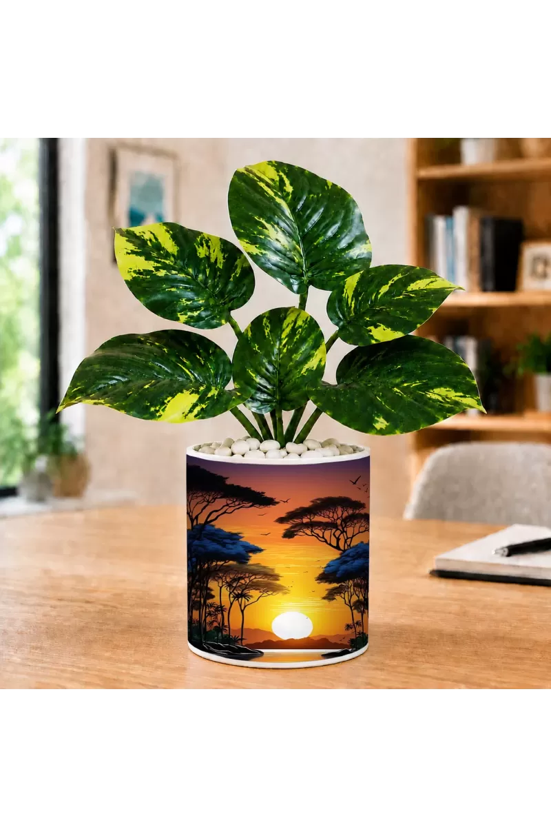 Artificial Tree Ceramic Photo Pot With White Stones 3x4 Inch (F166334)