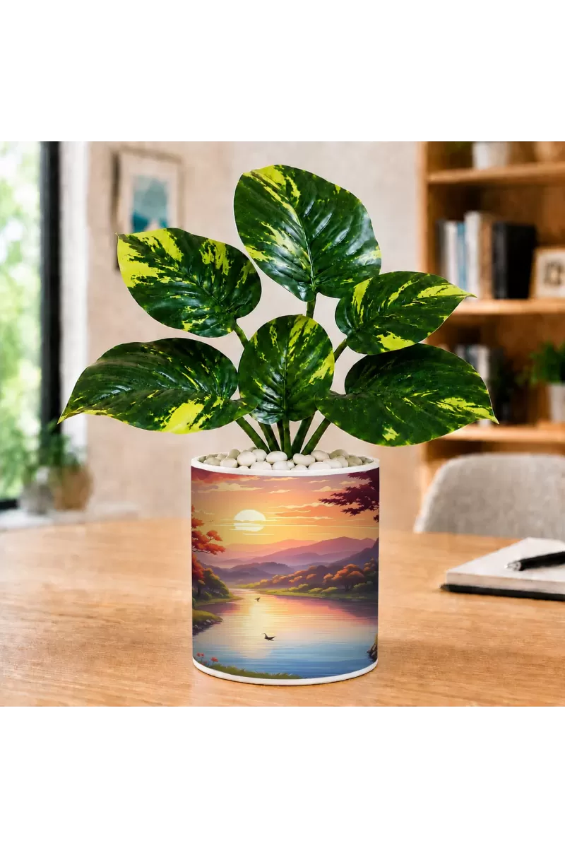 Artificial Tree Ceramic Photo Pot With White Stones 3x4 Inch (F166338)