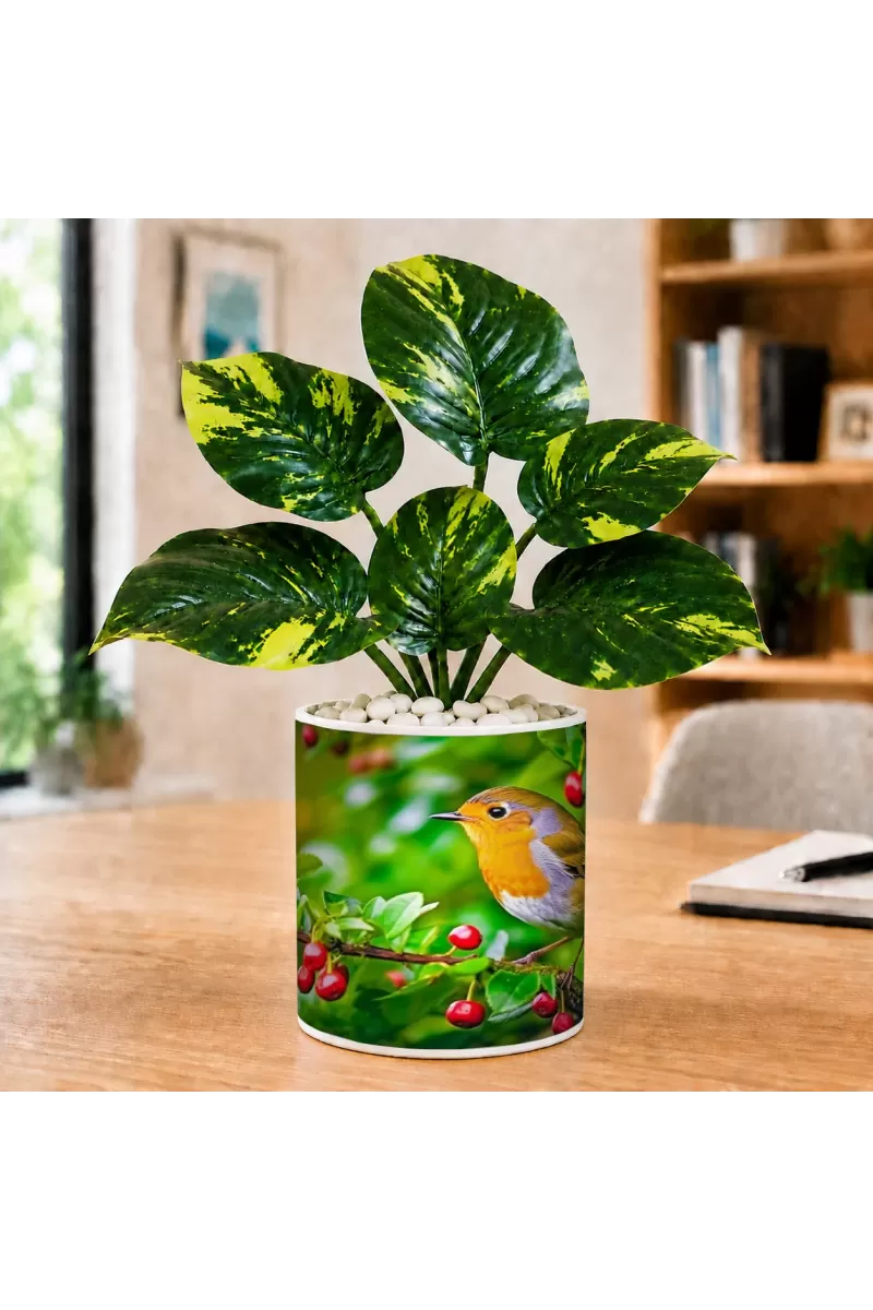 Artificial Tree Ceramic Photo Pot With White Stones 3x4 Inch (F166344)