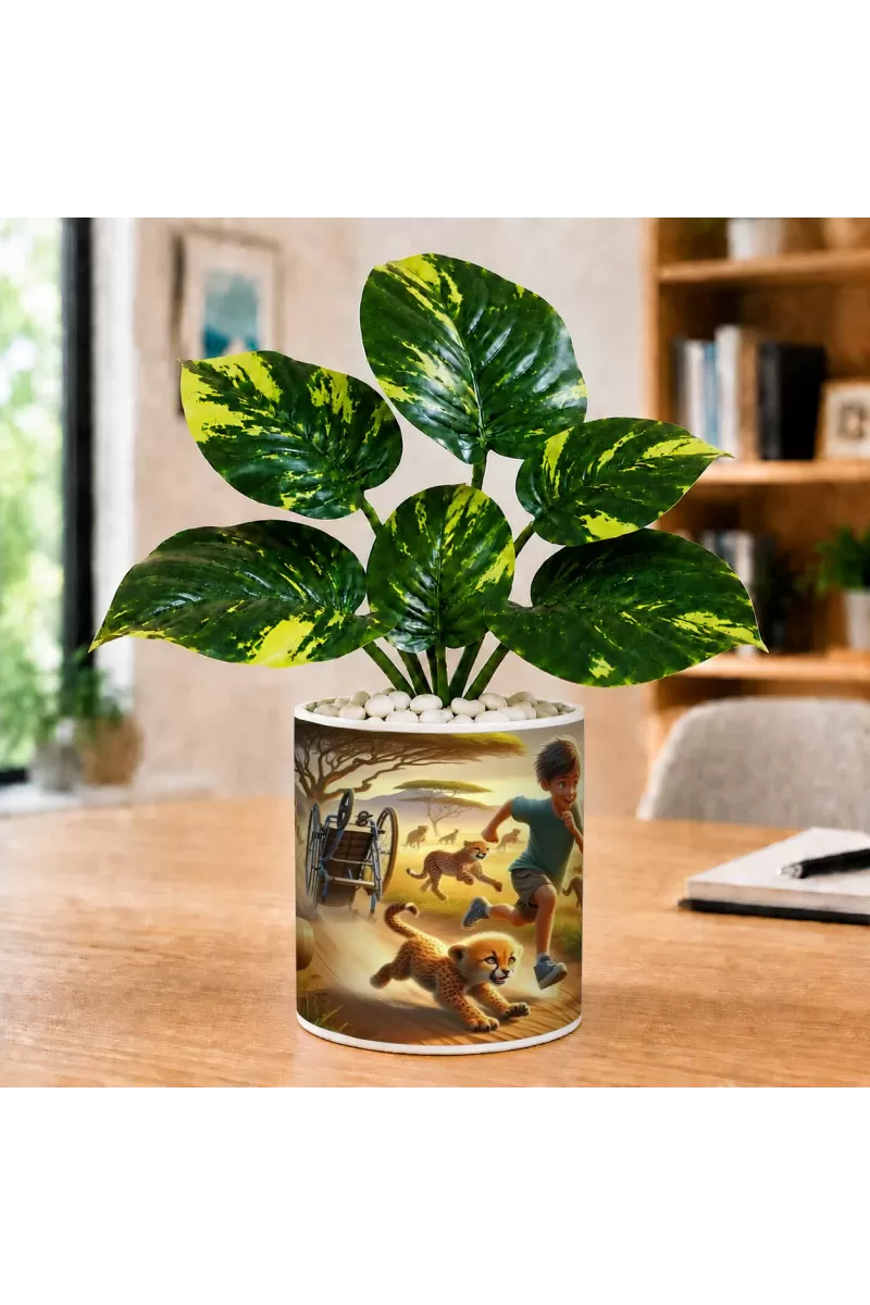 Artificial Tree Ceramic Photo Pot With White Stones 3x4 Inch (F166351)
