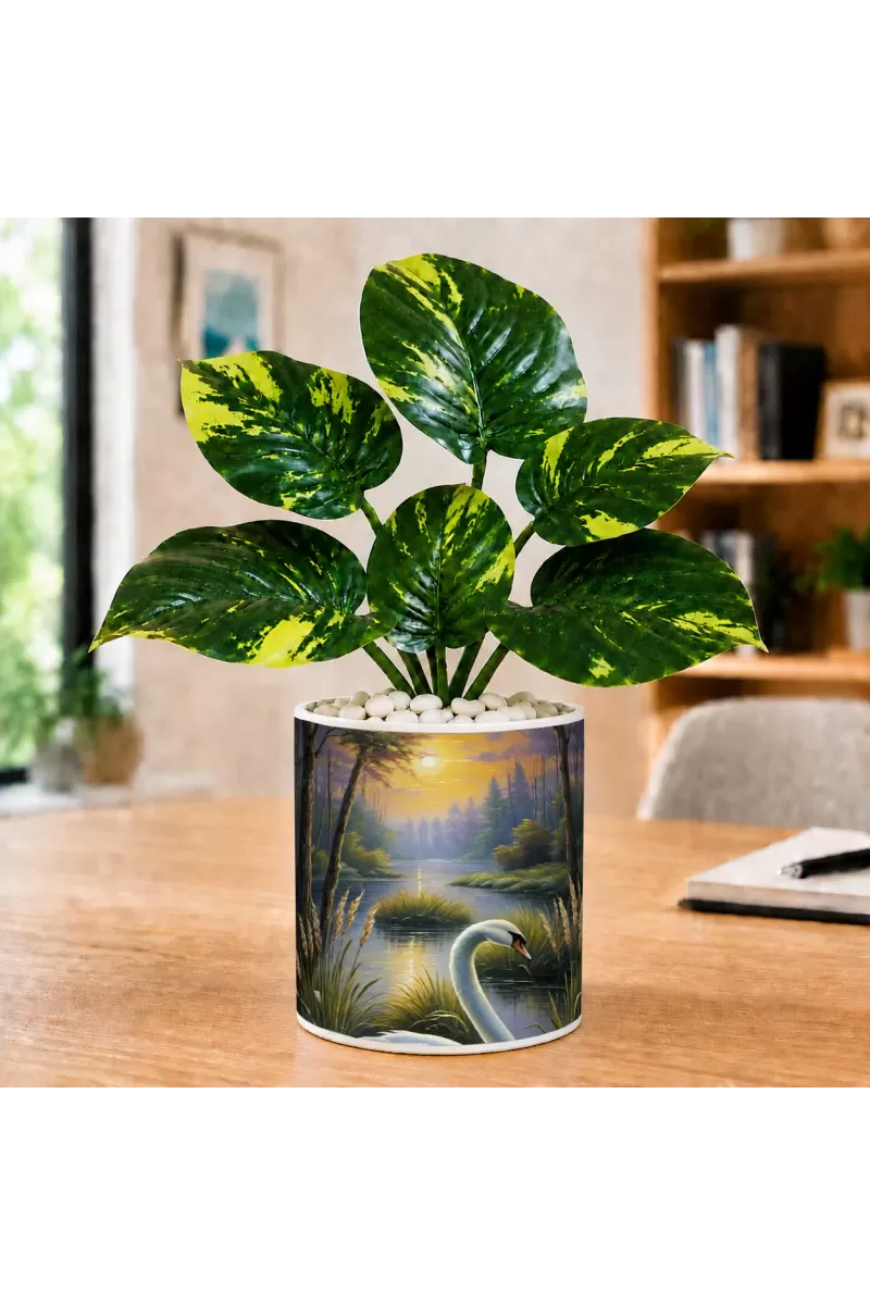 Artificial Tree Ceramic Photo Pot With White Stones 3x4 Inch (F166357)