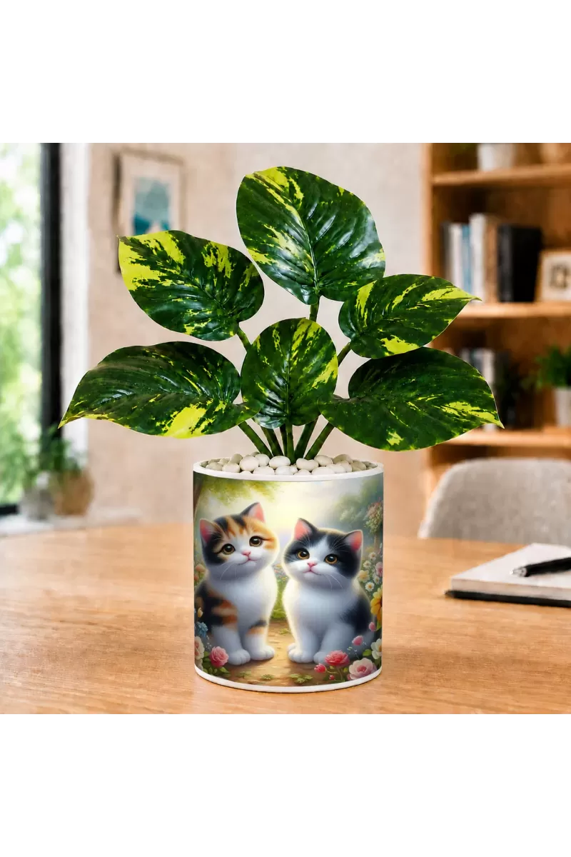 Artificial Tree Ceramic Photo Pot With White Stones 3x4 Inch (F166359)