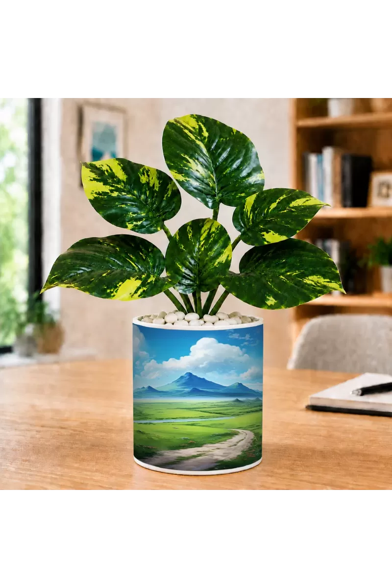 Artificial Tree Ceramic Photo Pot With White Stones 3x4 Inch (F166360)