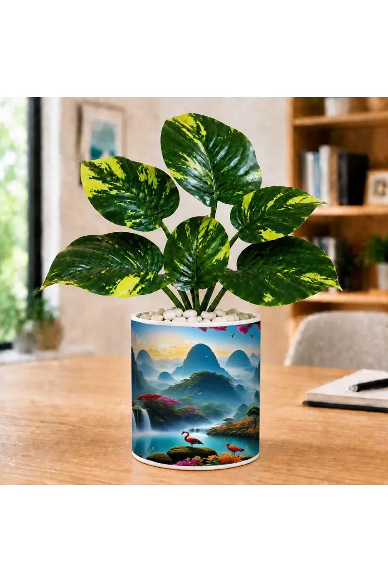 Artificial Tree Ceramic Photo Pot With White Stones 3x4 Inch (F166364)