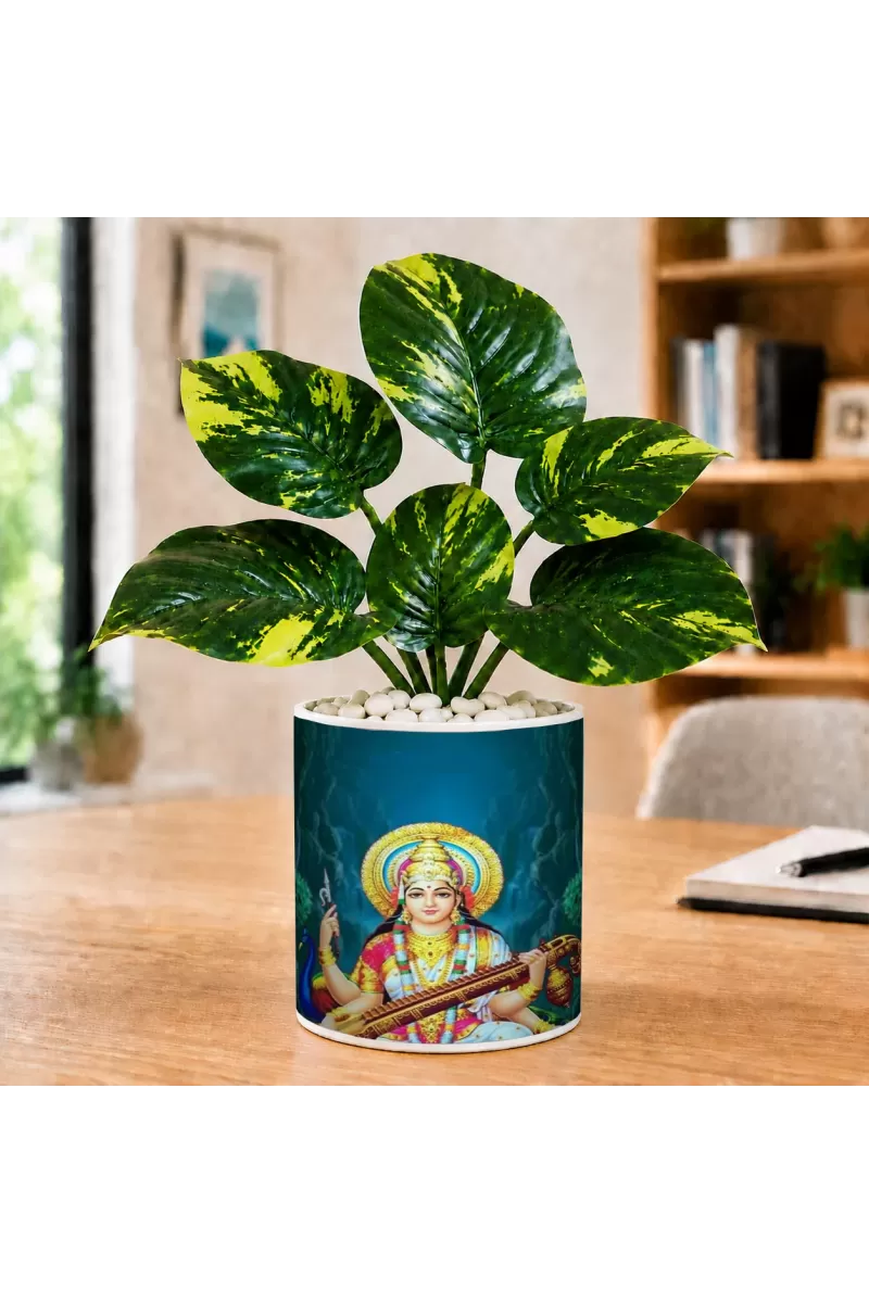 Artificial Tree Ceramic Photo Pot With White Stones 3x4 Inch (F166367)