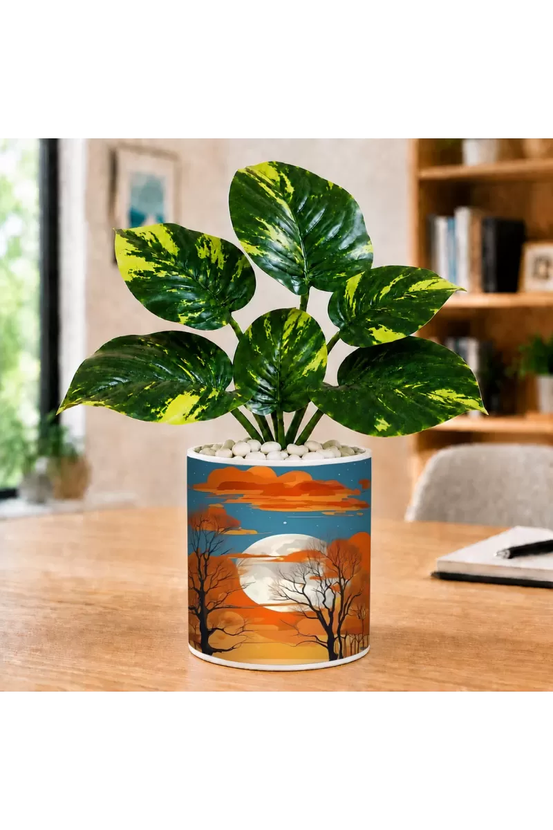 Artificial Tree Ceramic Photo Pot With White Stones 3x4 Inch (F166372)