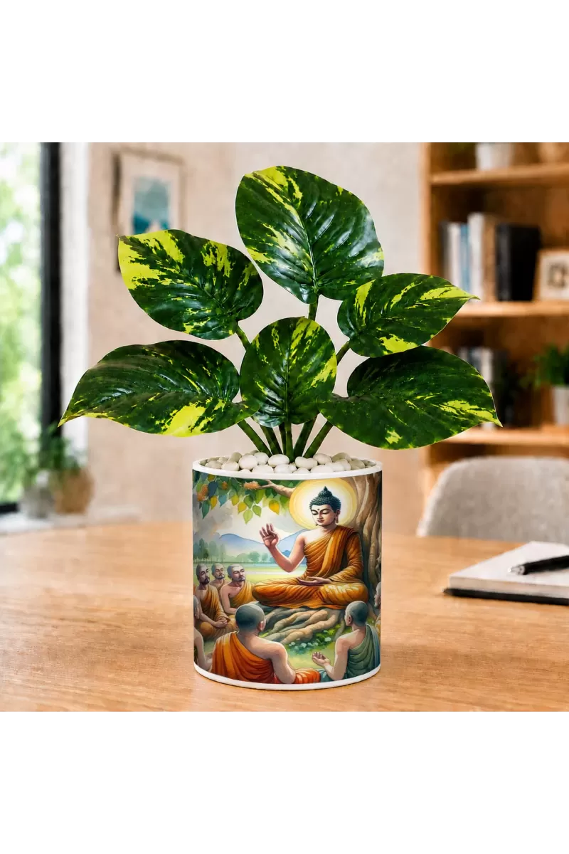 Artificial Tree Ceramic Photo Pot With White Stones 3x4 Inch (F166375)