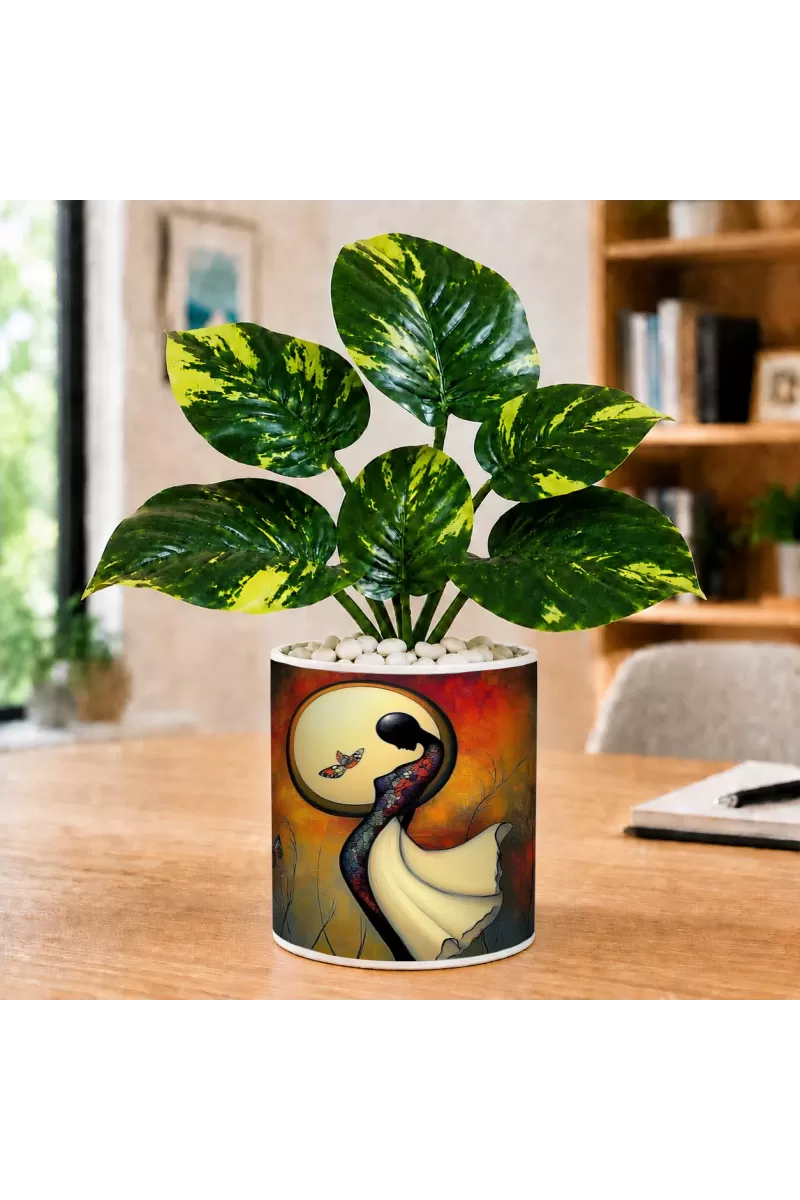 Artificial Tree Ceramic Photo Pot With White Stones 3x4 Inch (F166382)