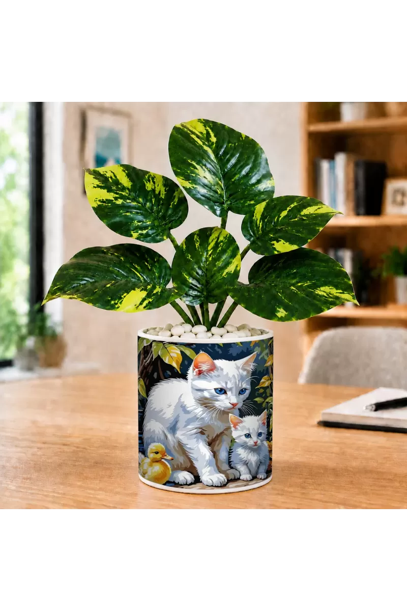 Artificial Tree Ceramic Photo Pot With White Stones 3x4 Inch (F166383)