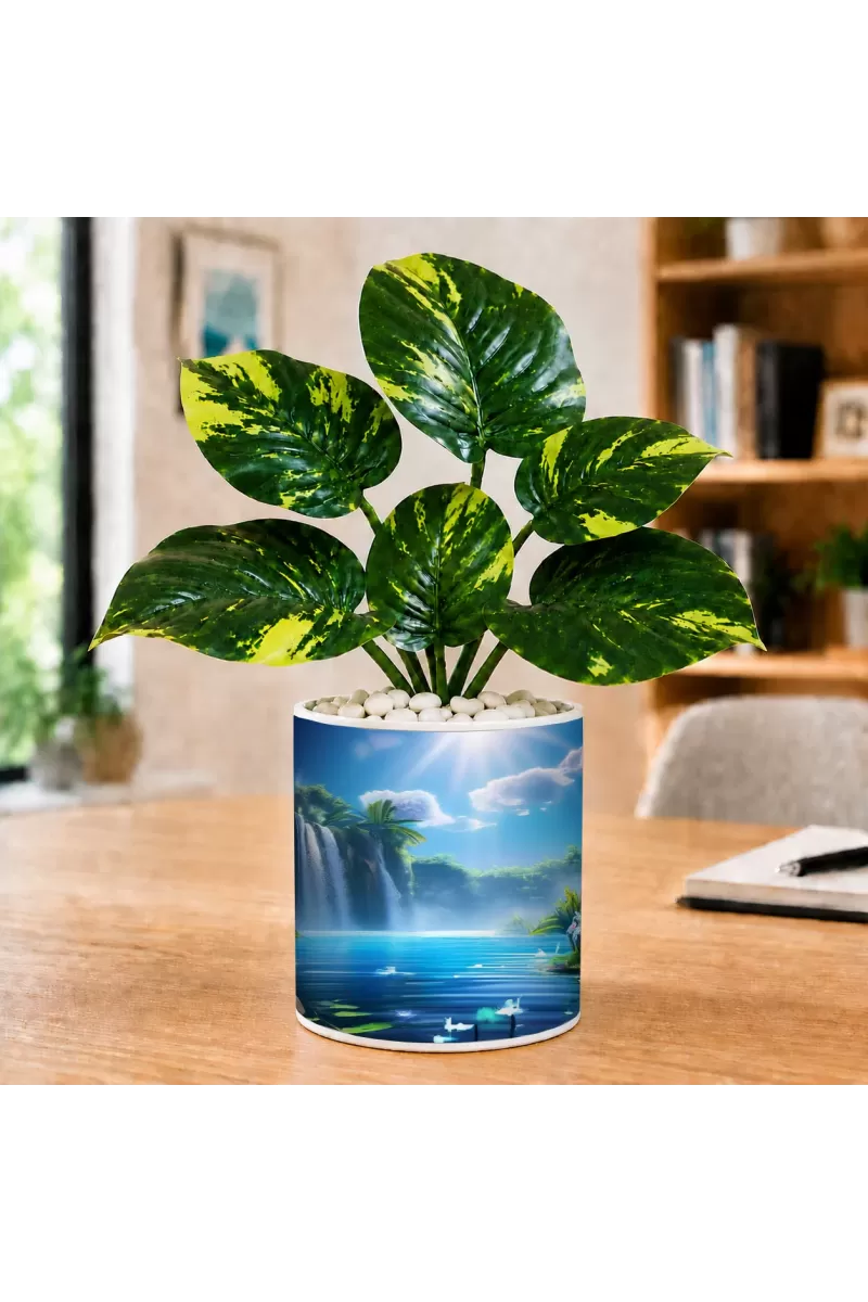 Artificial Tree Ceramic Photo Pot With White Stones 3x4 Inch (F166393)