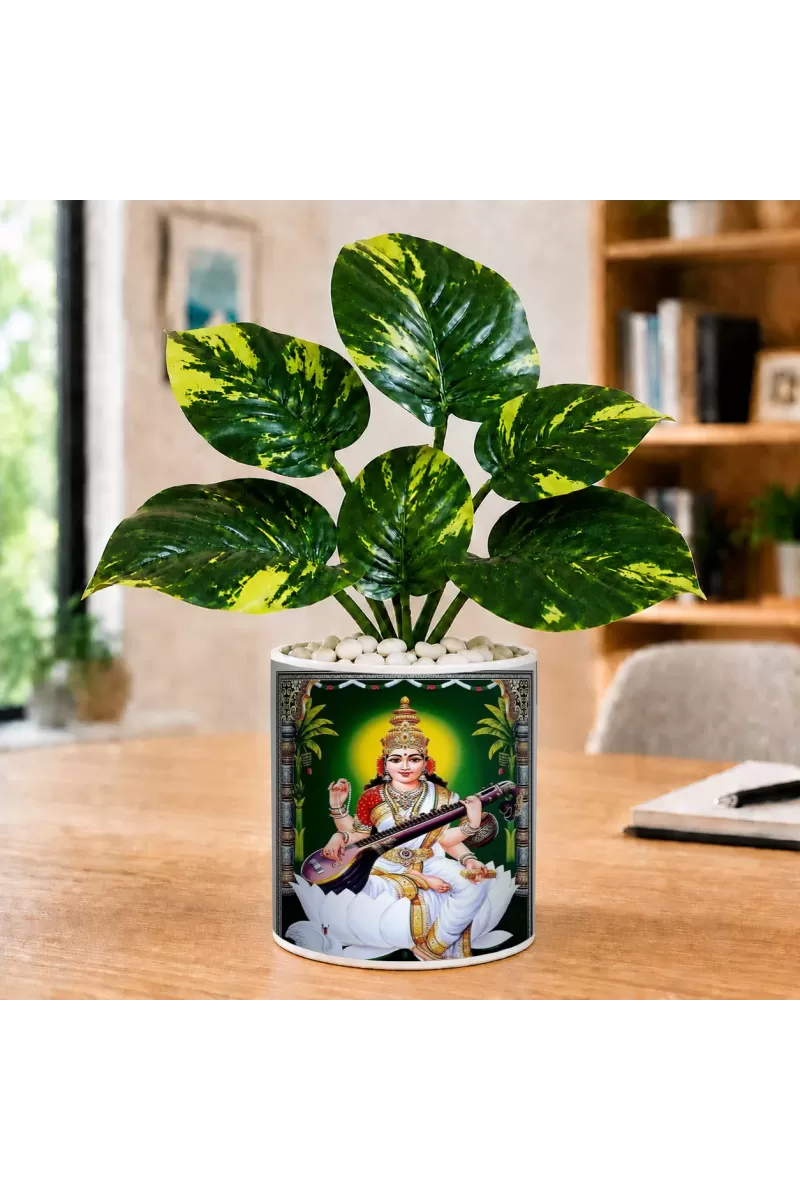 Artificial Tree Ceramic Photo Pot With White Stones 3x4 Inch (F166403)