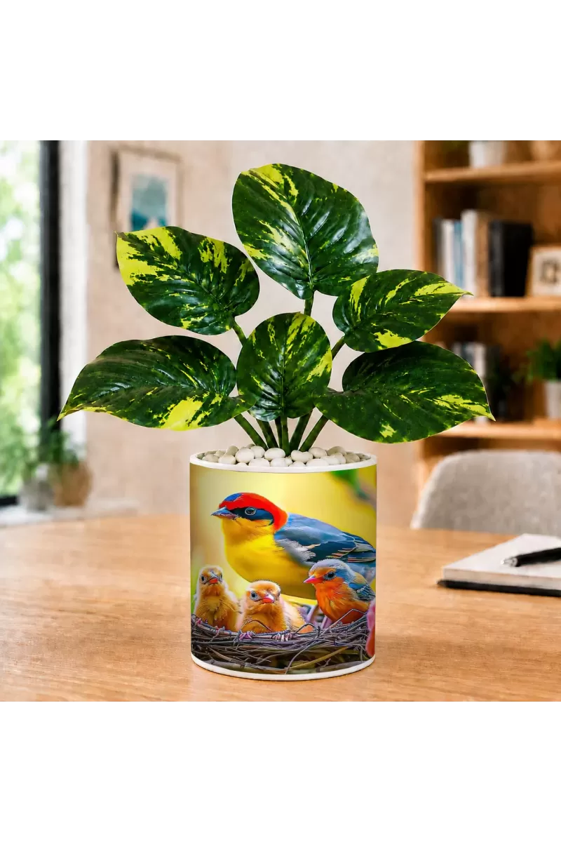 Artificial Tree Ceramic Photo Pot With White Stones 3x4 Inch (F166406)