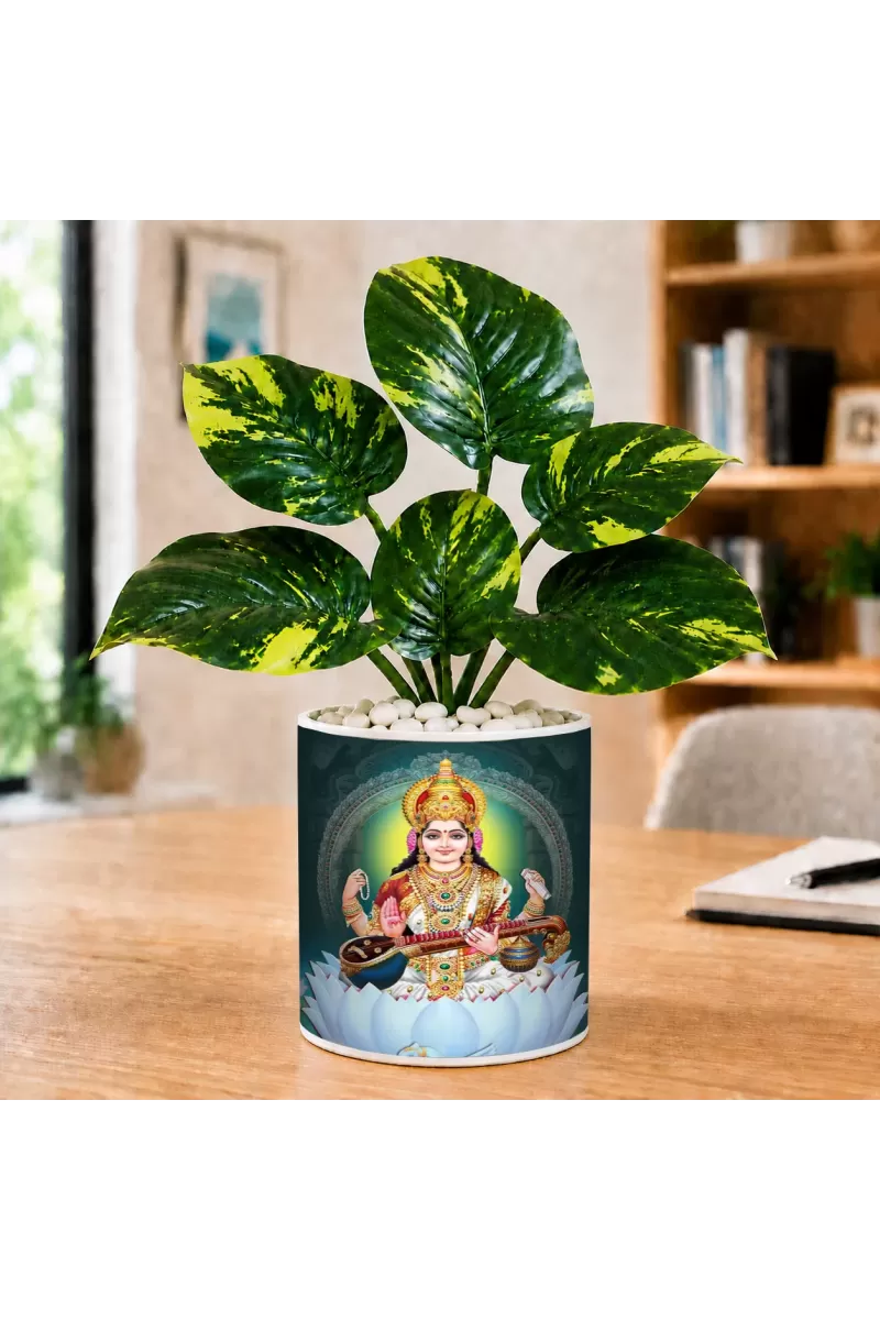 Artificial Tree Ceramic Photo Pot With White Stones 3x4 Inch (F166409)