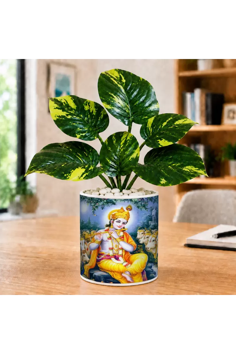 Artificial Tree Ceramic Photo Pot With White Stones 3x4 Inch (F166424)