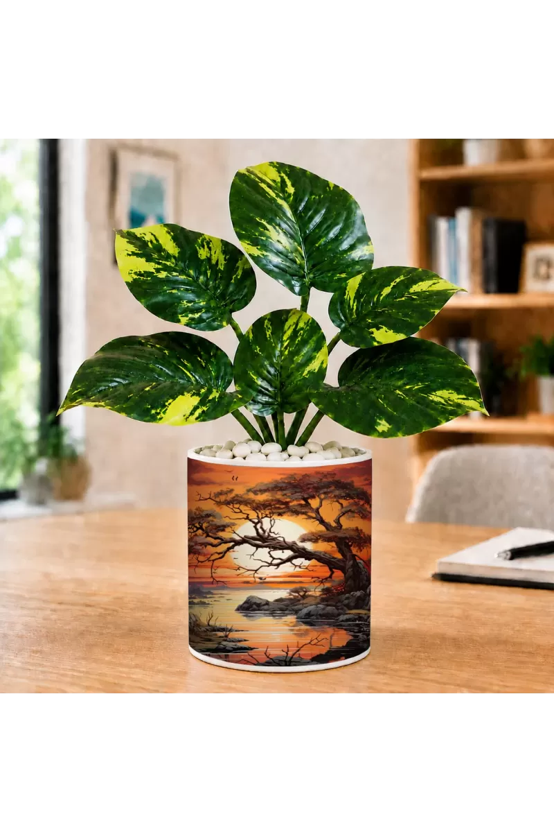 Artificial Tree Ceramic Photo Pot With White Stones 3x4 Inch (F166425)