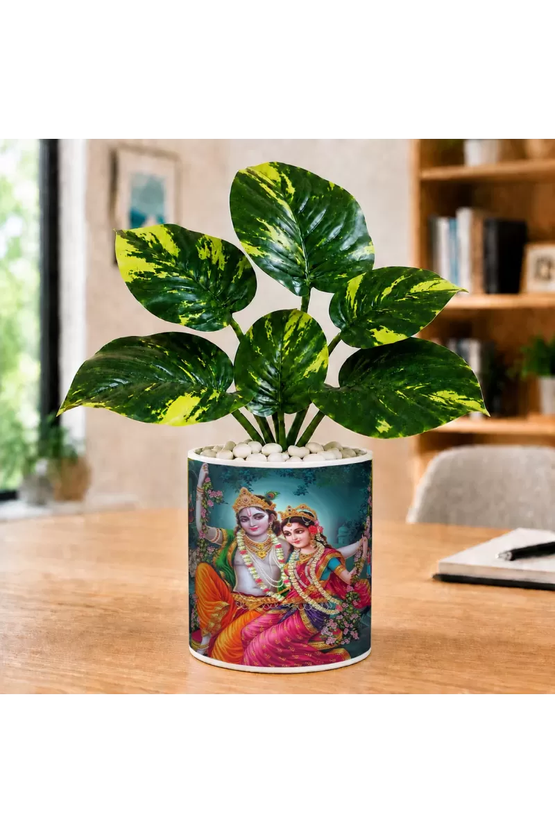 Artificial Tree Ceramic Photo Pot With White Stones 3x4 Inch (F166426)