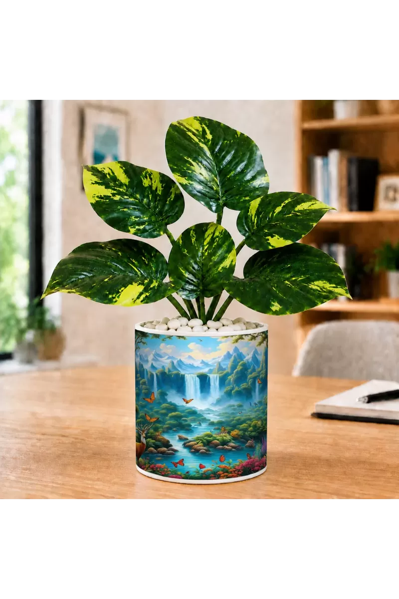 Artificial Tree Ceramic Photo Pot With White Stones 3x4 Inch (F166431)
