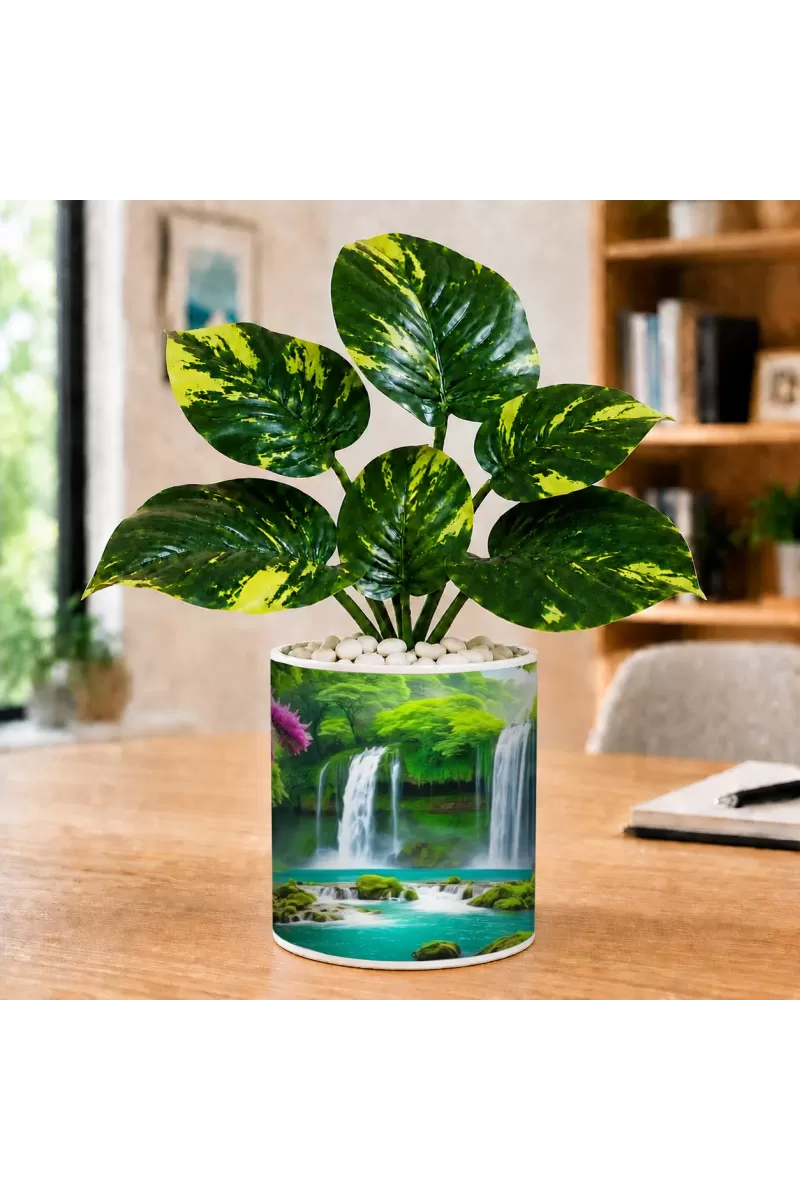 Artificial Tree Ceramic Photo Pot With White Stones 3x4 Inch (F166432)