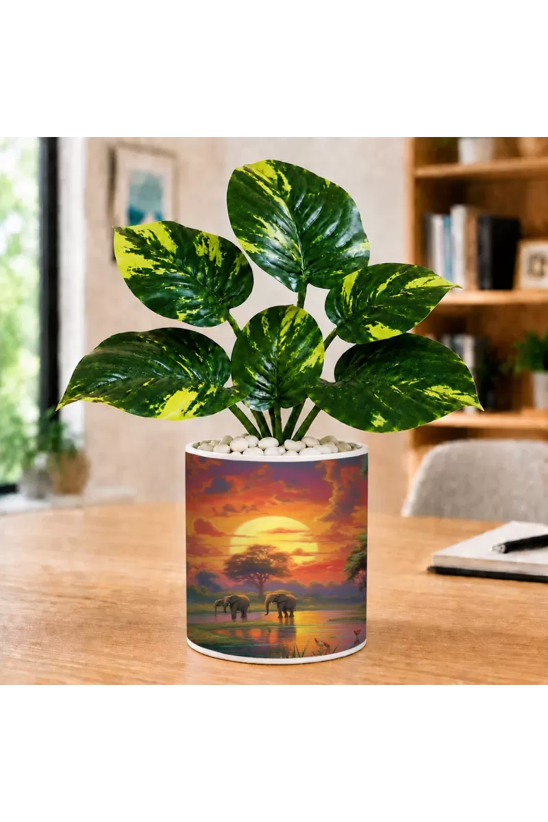 Artificial Tree Ceramic Photo Pot With White Stones 3x4 Inch (F166444)