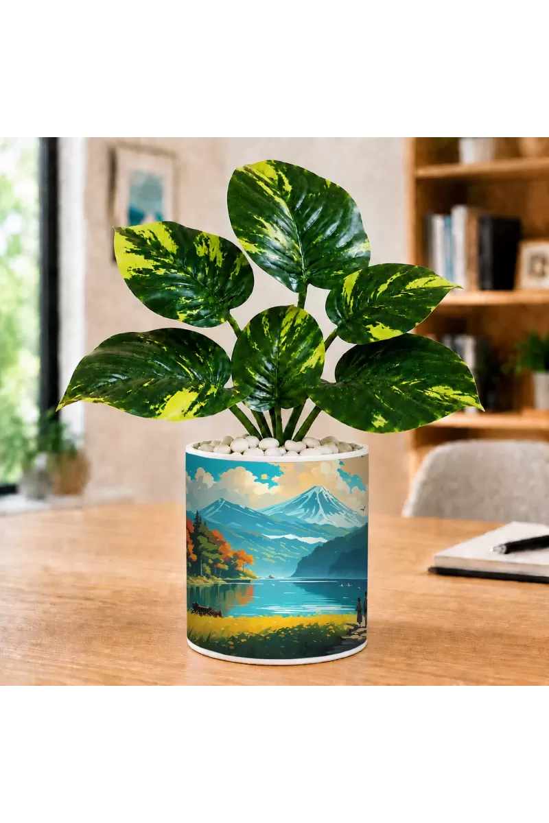 Artificial Tree Ceramic Photo Pot With White Stones 3x4 Inch (F166449)