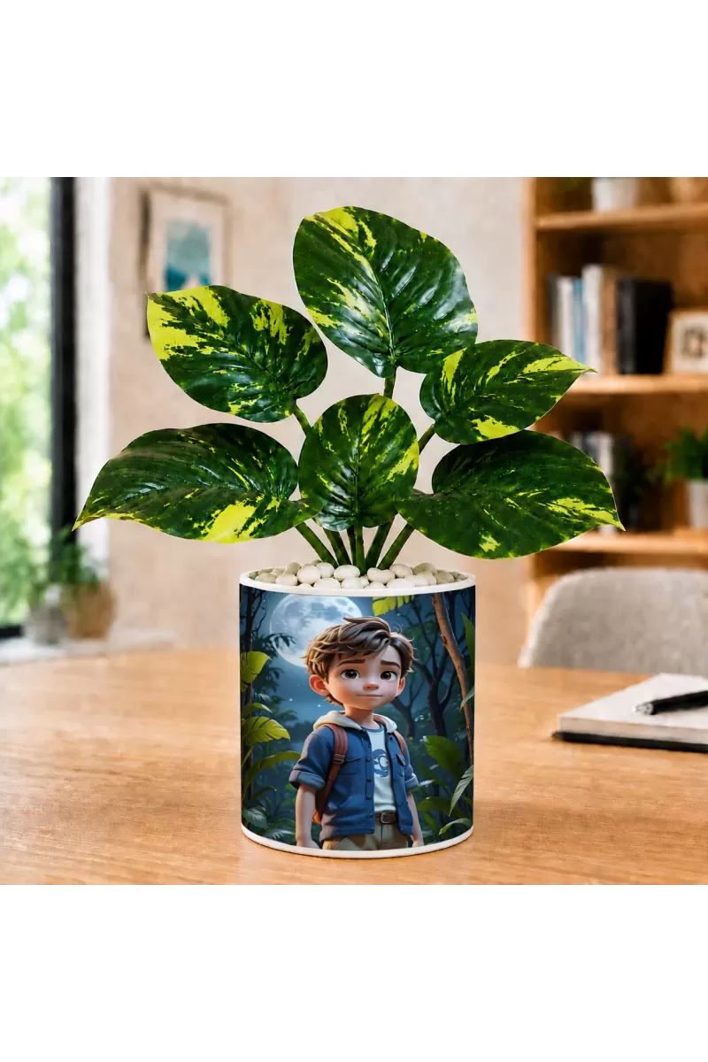 Artificial Tree Ceramic Photo Pot With White Stones 3x4 Inch (F166450)