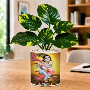 Artificial Tree Ceramic Photo Pot With White Stones 3x4 Inch (F166452)