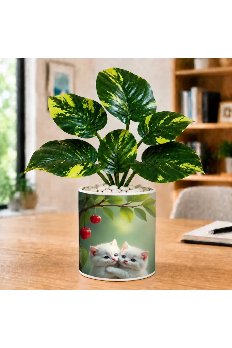 Artificial Tree Ceramic Photo Pot With White Stones 3x4 Inch (F166454)