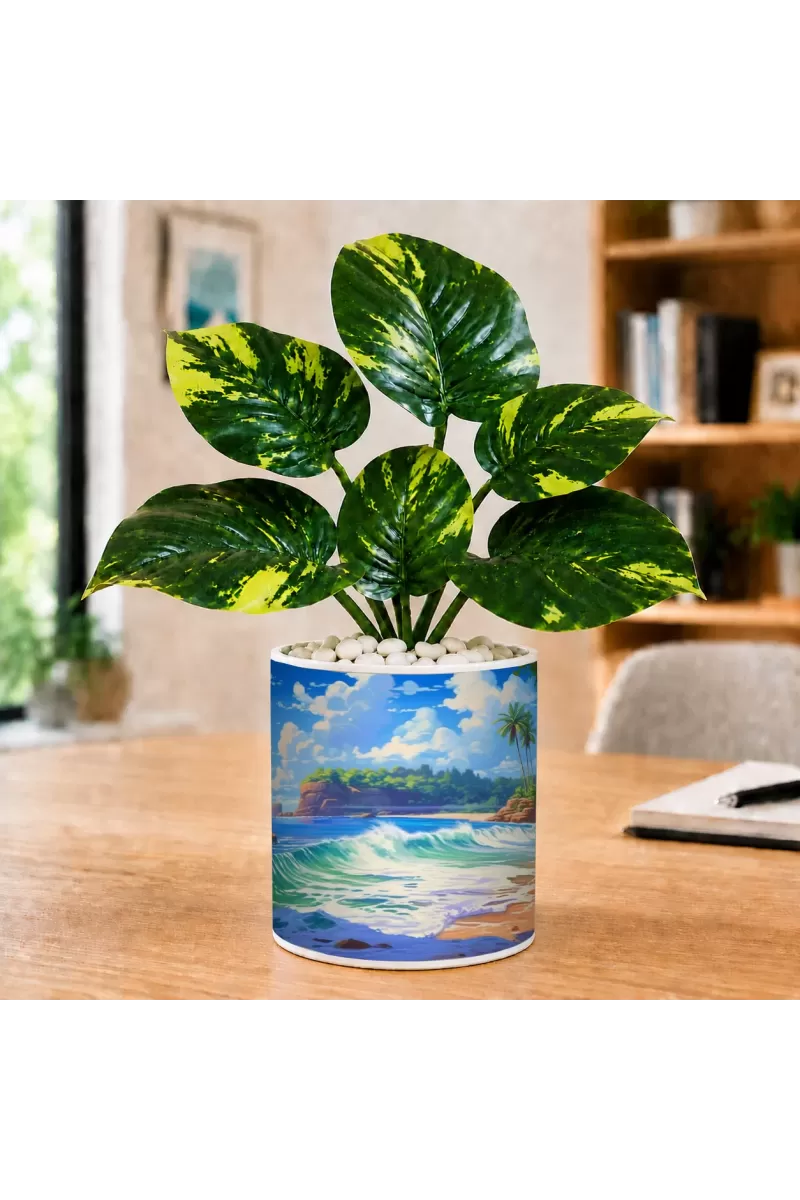 Artificial Tree Ceramic Photo Pot With White Stones 3x4 Inch (F166455)