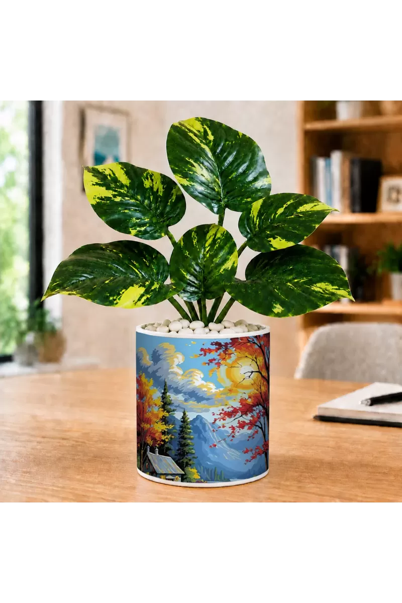 Artificial Tree Ceramic Photo Pot With White Stones 3x4 Inch (F166461)