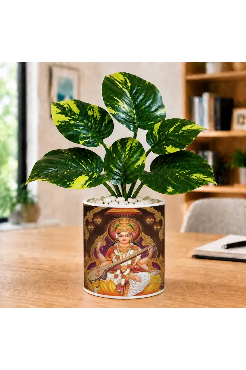 Artificial Tree Ceramic Photo Pot With White Stones 3x4 Inch (F166469)