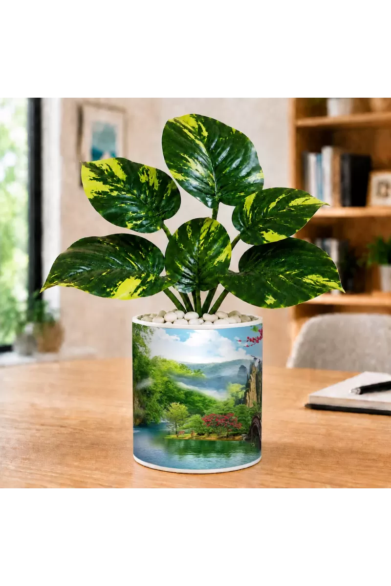 Artificial Tree Ceramic Photo Pot With White Stones 3x4 Inch (F166470)