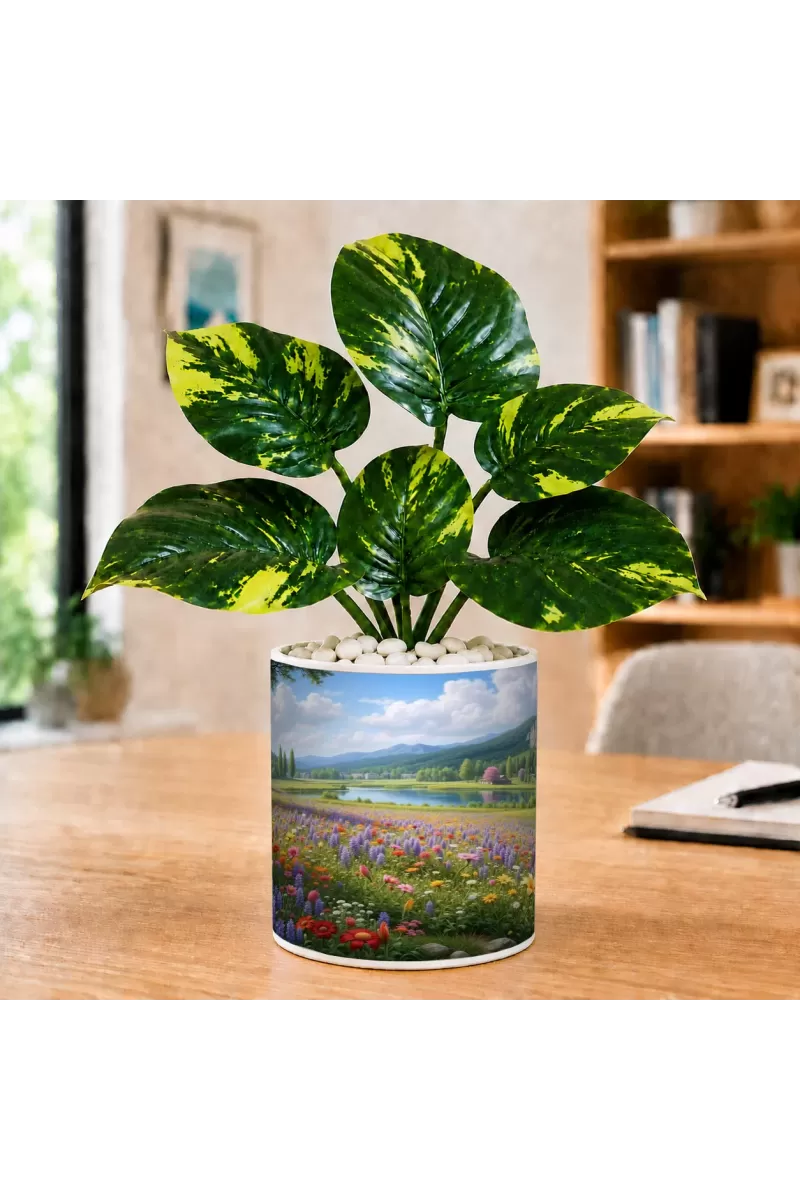 Artificial Tree Ceramic Photo Pot With White Stones 3x4 Inch (F166474)