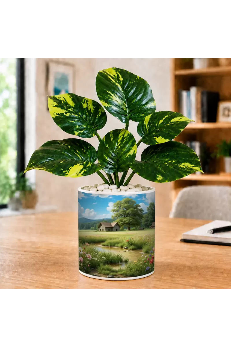 Artificial Tree Ceramic Photo Pot With White Stones 3x4 Inch (F166479)