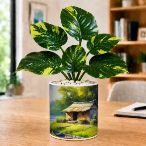 Artificial Tree Ceramic Photo Pot With White Stones 3x4 Inch (F166485)