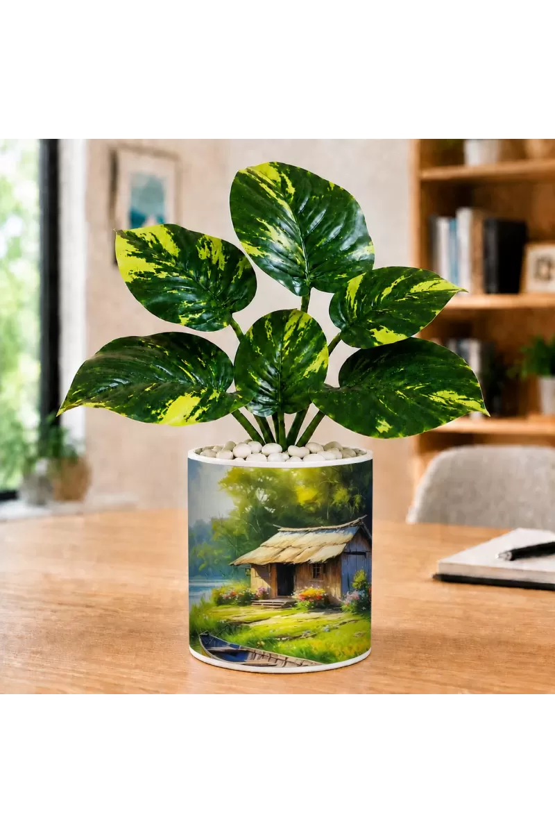 Artificial Tree Ceramic Photo Pot With White Stones 3x4 Inch (F166485)