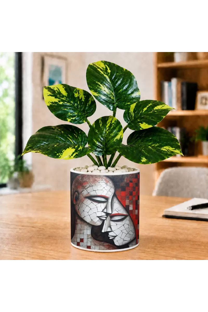 Artificial Tree Ceramic Photo Pot With White Stones 3x4 Inch (F166501)