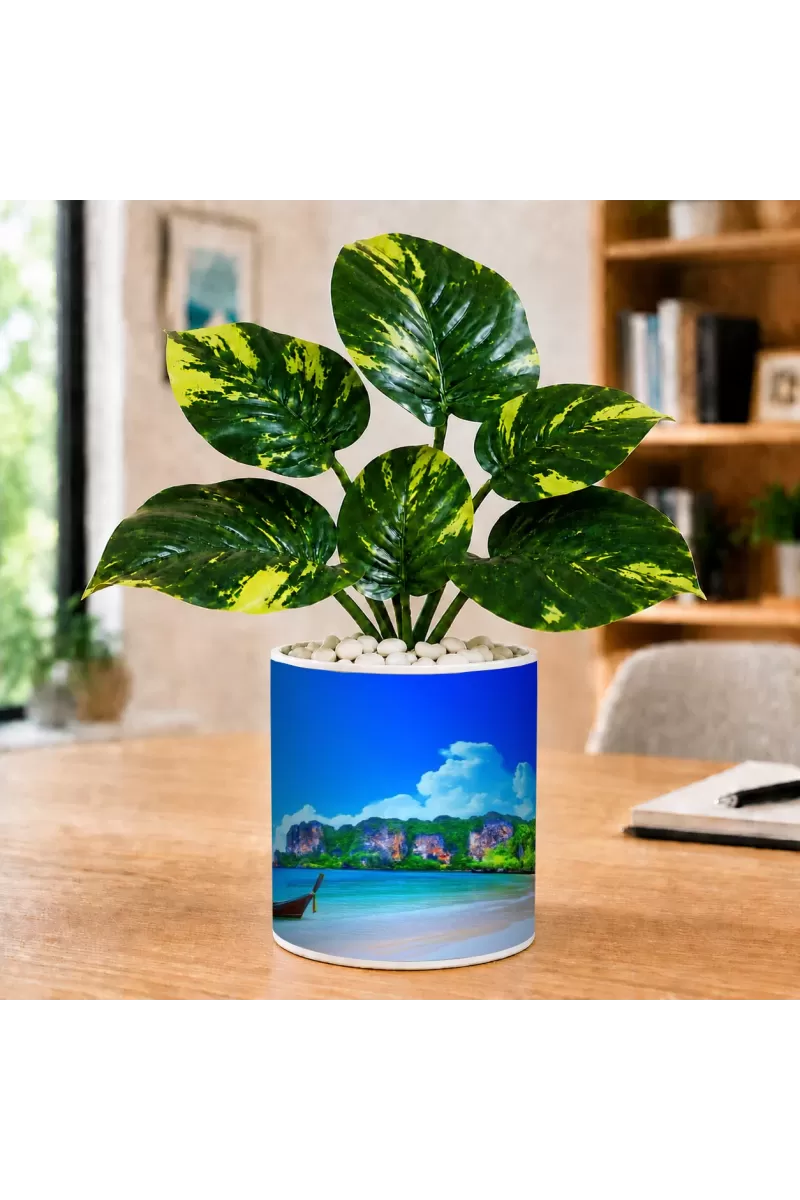 Artificial Tree Ceramic Photo Pot With White Stones 3x4 Inch (F166507)