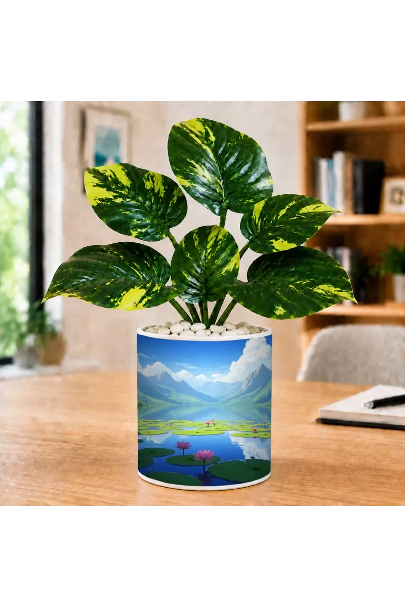 Artificial Tree Ceramic Photo Pot With White Stones 3x4 Inch (F166509)