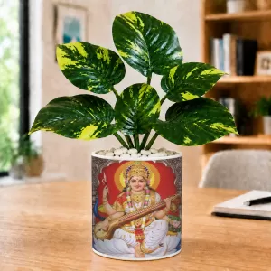 Artificial Tree Ceramic Photo Pot With White Stones 3x4 Inch (F166512)