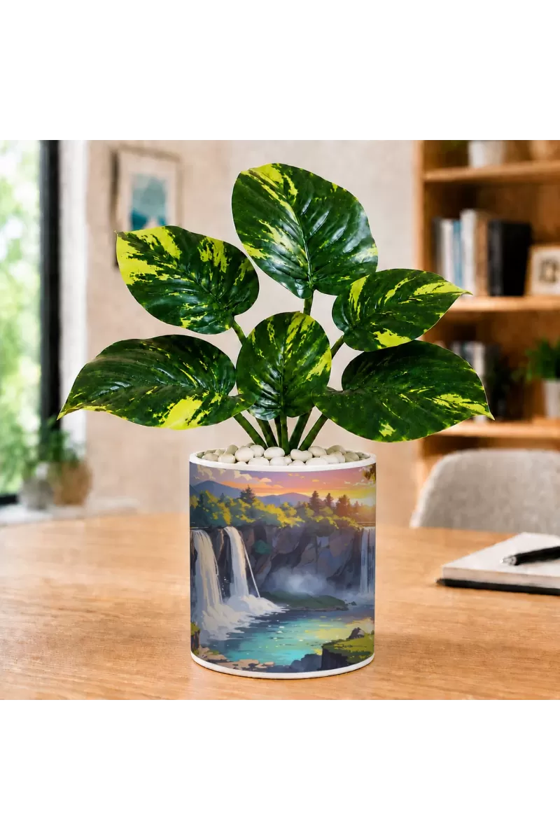 Artificial Tree Ceramic Photo Pot With White Stones 3x4 Inch (F166515)