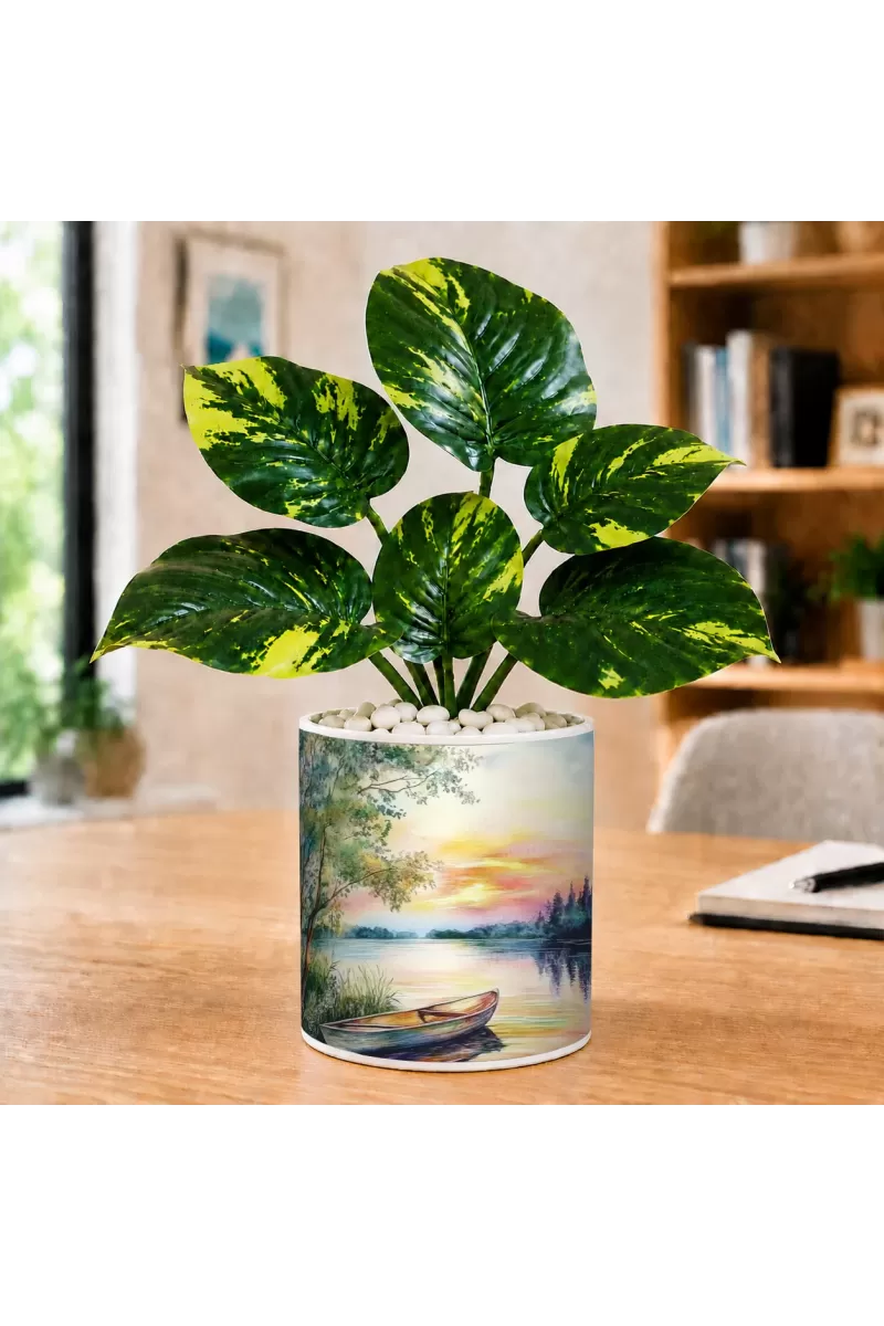 Artificial Tree Ceramic Photo Pot With White Stones 3x4 Inch (F166517)