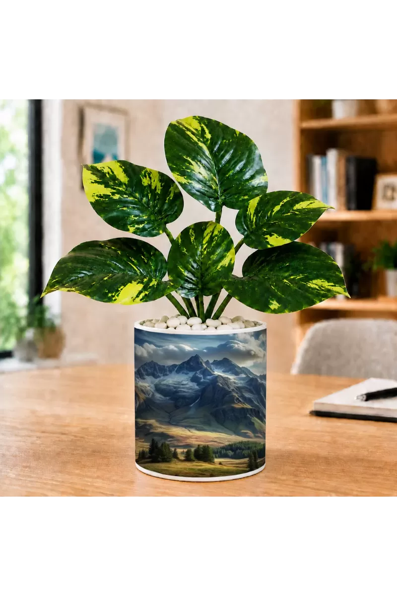 Artificial Tree Ceramic Photo Pot With White Stones 3x4 Inch (F166542)