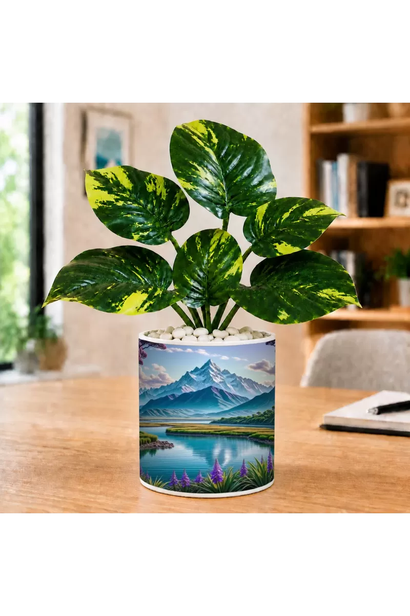 Artificial Tree Ceramic Photo Pot With White Stones 3x4 Inch (F166543)