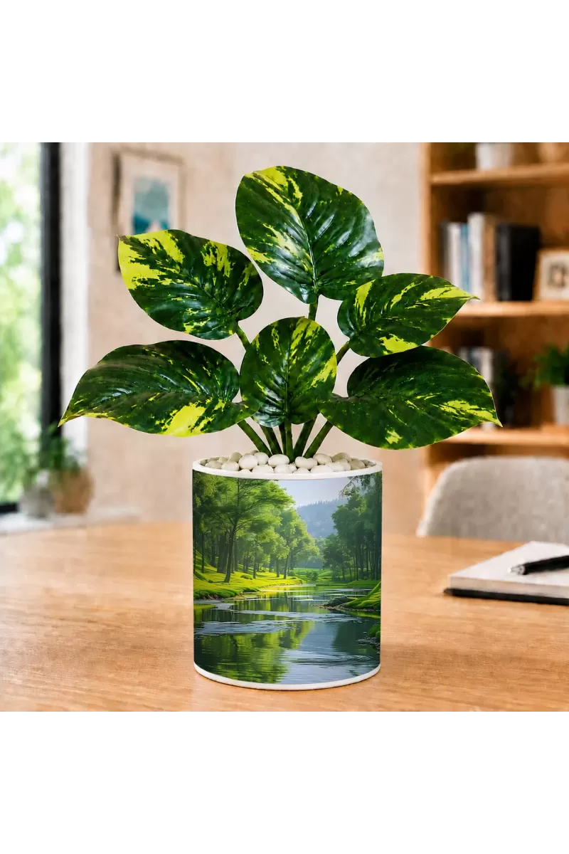 Artificial Tree Ceramic Photo Pot With White Stones 3x4 Inch (F166547)