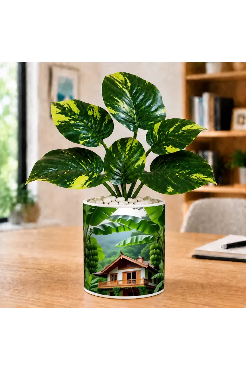 Artificial Tree Ceramic Photo Pot With White Stones 3x4 Inch (F166551)