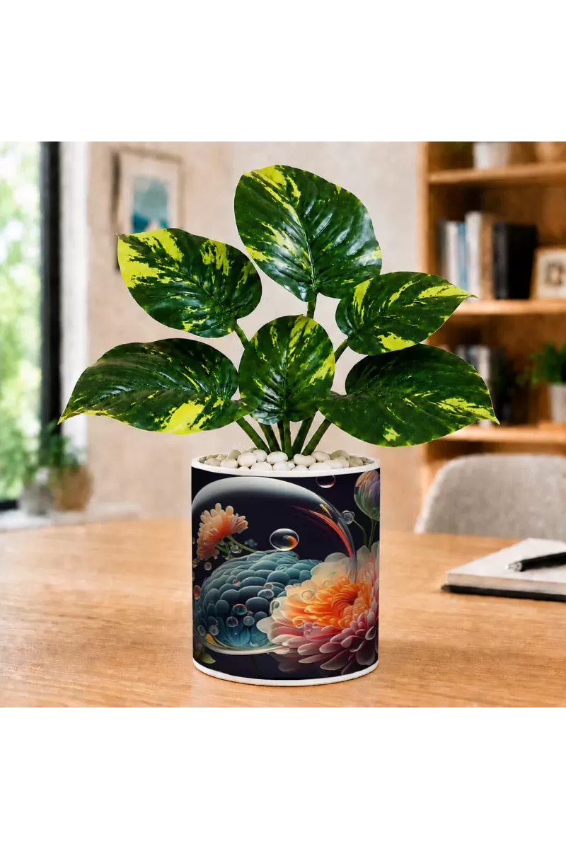 Artificial Tree Ceramic Photo Pot With White Stones 3x4 Inch (F166561)