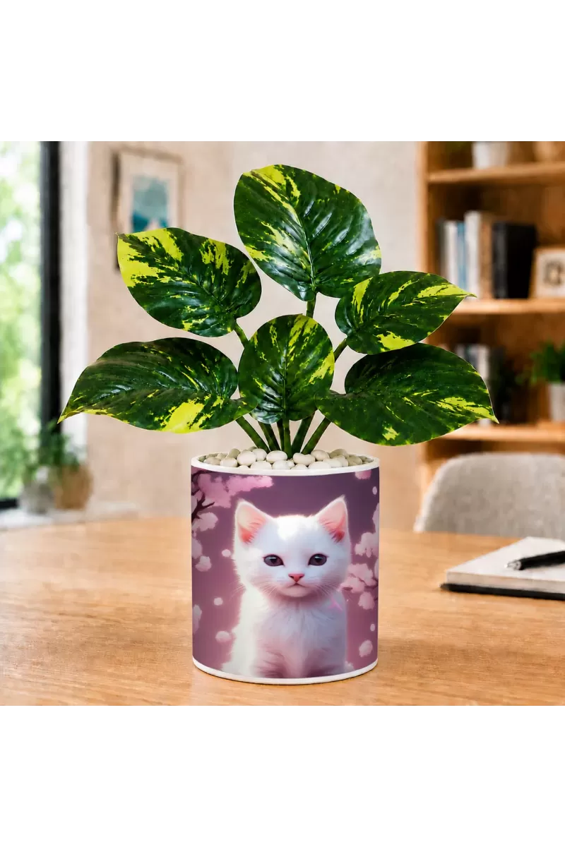 Artificial Tree Ceramic Photo Pot With White Stones 3x4 Inch (F166562)