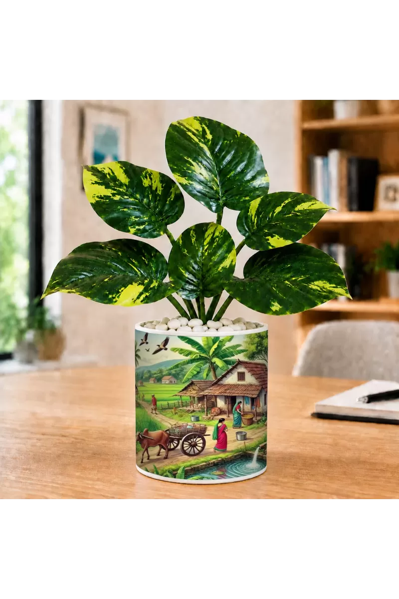 Artificial Tree Ceramic Photo Pot With White Stones 3x4 Inch (F166566)